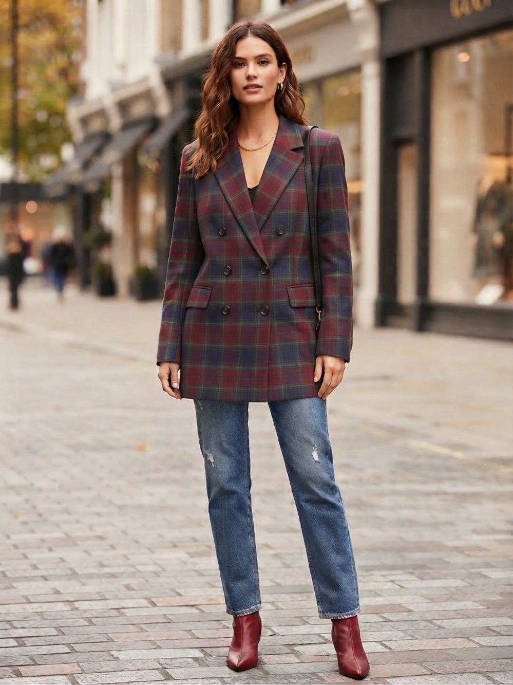 Vici Double-Breasted Tartan Plaid Oversized Blazer Jacket in Burgundy & Green